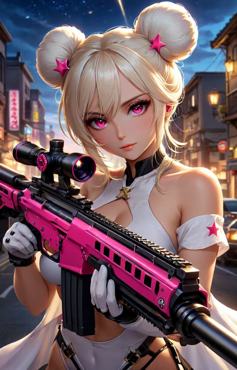 ((Surreal)) スナイパーライフルを持ったスーパーマリオブラザーズのセクシーなピーチ姫のmovieのような写真, Perfect Eyes, (Hair Ribbon:0.4), Pink Eyes,(((White bun hair))),(((Pink long hair))),Striking a sexy pose while holding a sniper rifle, (A pink plastic sniper rifle with a 1up star on the side), Bowser's Castle action scene, Lava Ball,
35mm Photography, movie, Bokeh, Professional, 4K, Very detailed,