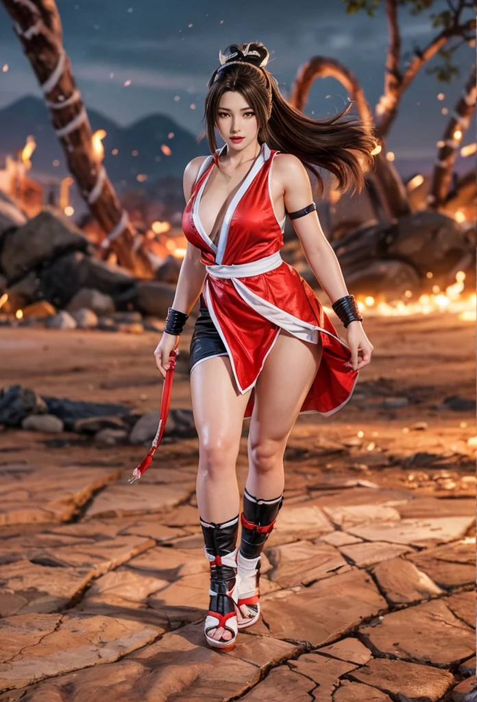 Mai Shiranui, (best qualityer,ultra detali),(realisitic:1.37), beautiful and detailed face, Textura ultra-realisitic, 精致的面容, athletic body, bright coloured. High definition, 8k, wearing red lipstick, rosy cheek.