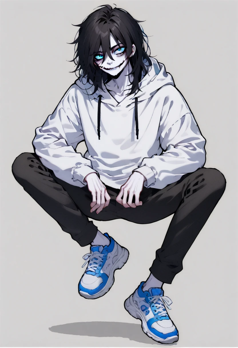 1boy, white hoodie, long black hair, slit smile, blue eyes, pale skin, black pants, sneakers