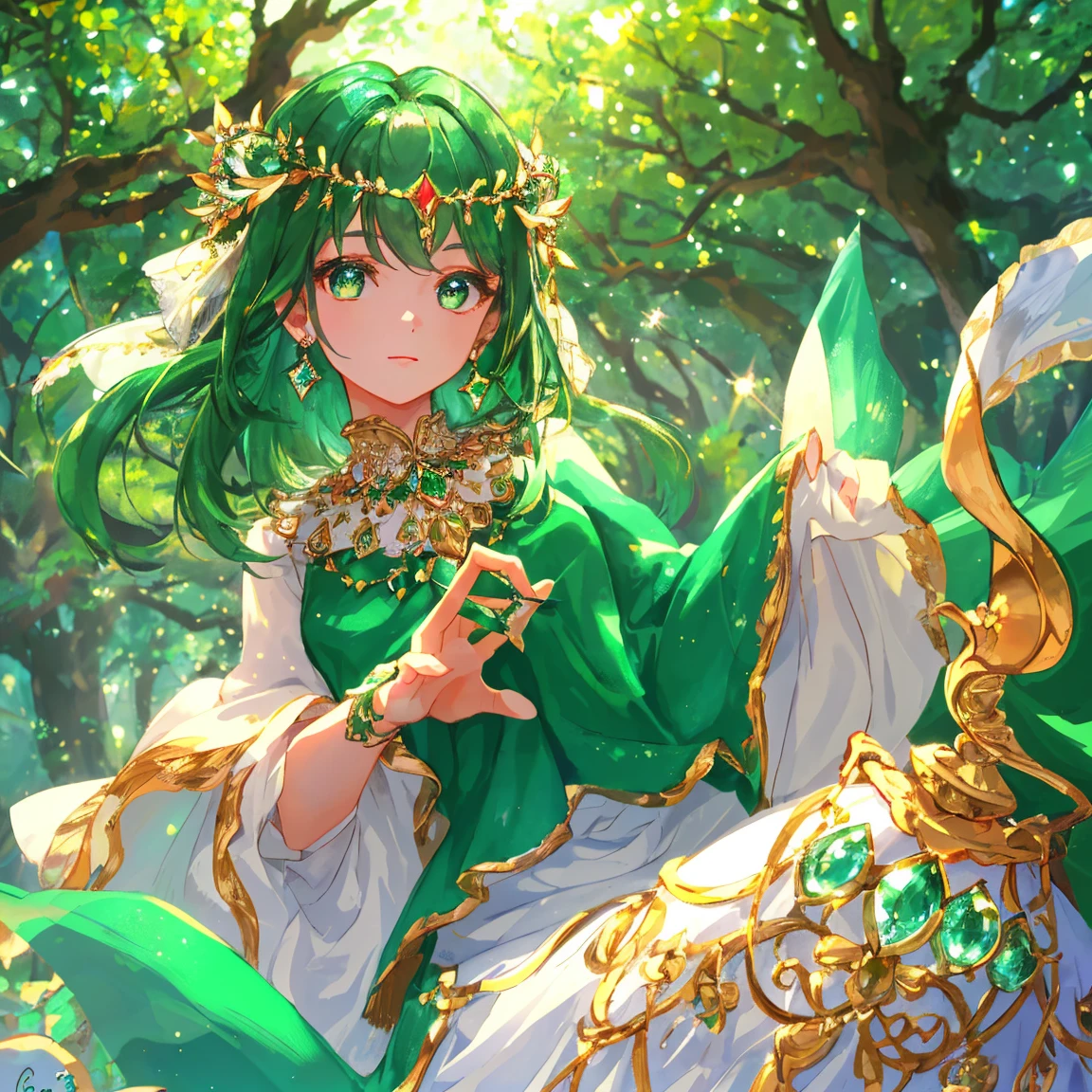 1 girl masterpiece, highest quality, shape, emerald eyes and hair, emerald earrings, emerald necklace, large tree, tree fairy, cute, (dynamic lighting:1.2), cinematic lighting, delicate features, fine eyes, sharp pupils, realistic student, written boundary depth, Bokeh, sharp focus, (very detailed, bloom, shine:1.4), lots of little gems