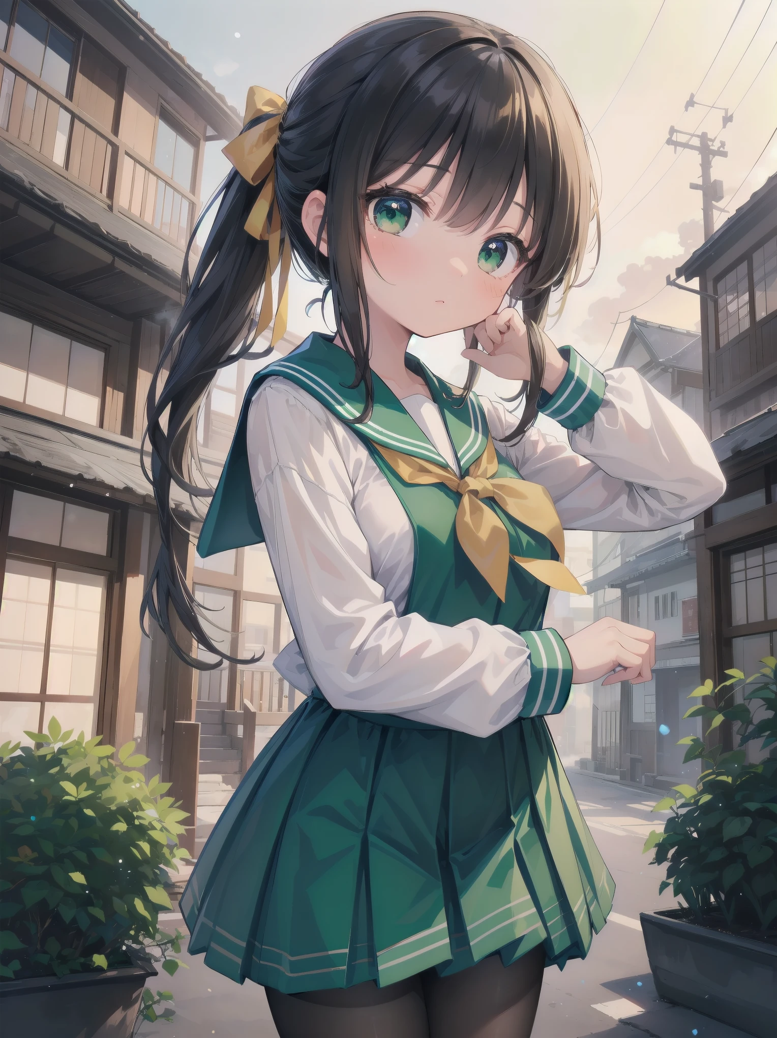 Masterpiece, illustration, super detailed, kawaii, one girl, 独奏, slender 14 year old, Japanese girl, chou chou, ribbon, nape of neck, low ponytail, cute pose in Less revealing attire, (green sailor outfit, two gold lines), large gold ribbon, priss skirt, black pantyhose, , Long Sleeves, White innerwear for sailor suit, living room, cowgirl shot, sfw, dynamic angle、Close-up on the characters、(building, city、A dense fog of fluorescent particles、1800Era、Japanese Style、Fiction、grow、Overwhelming、Detailed street)、A beautiful girl with a beautiful background and a super cute pose