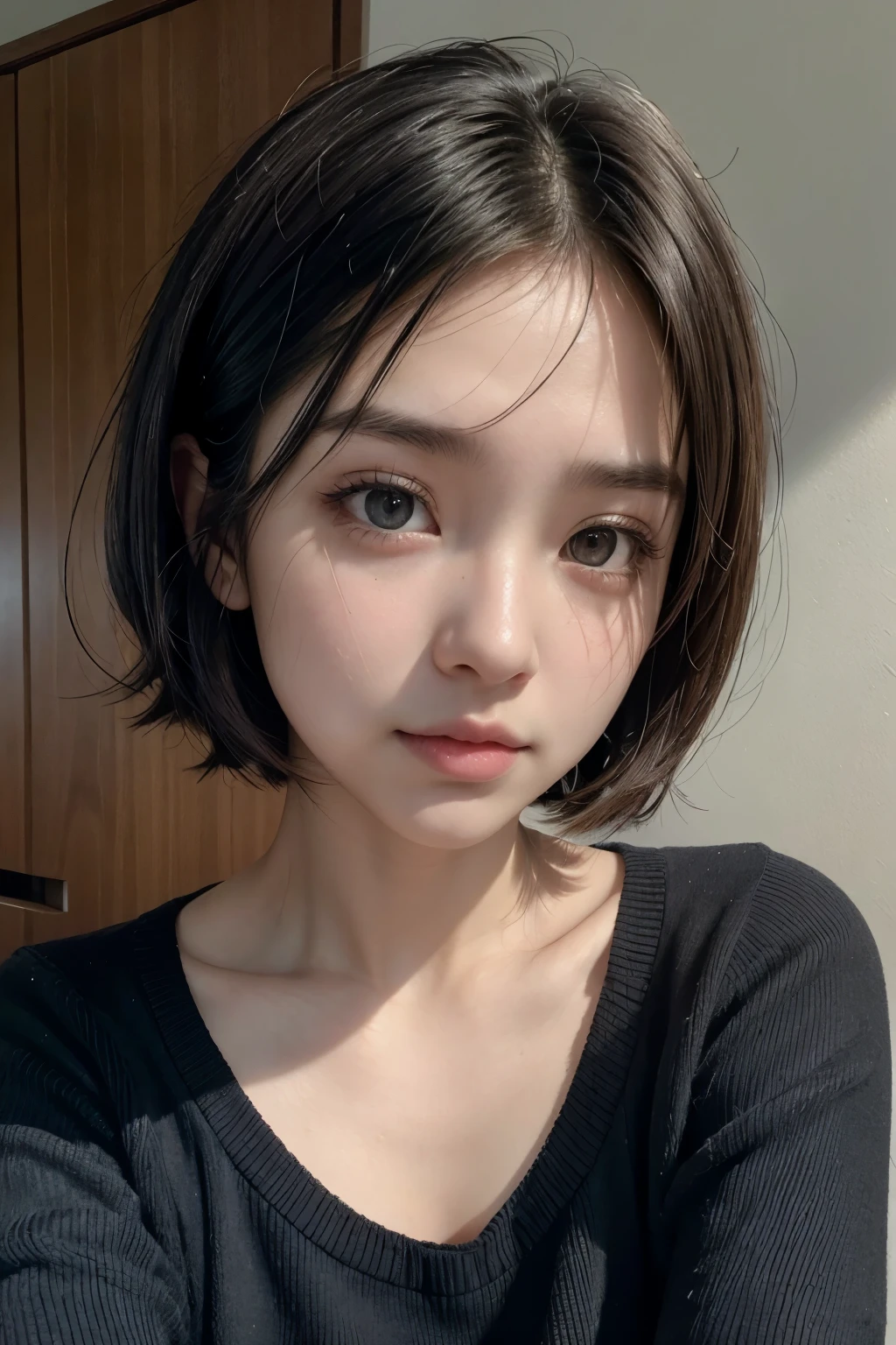 A girl with slanted eyes, short dark hair, fine nose, prominent bust, medium complexion, short and wearing a thread sweater