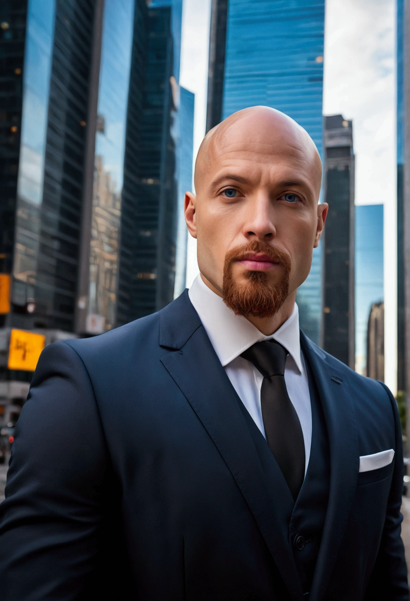 a 31-year-old bald man with a red goatee, (best qualityer, high resolution, ultra detali), (realisitic:1.37), detailed facial features, blue piercing eyes, strong chin, confident expression, wearing an elegant black suit, standing in a modern cityscape with tall skyscrapers and busy streets, (Coraggioso, Urban, blackw), swirly vibrant colors, Dramatic lighting with shadows and highlights, evoking a feeling of power and elegance