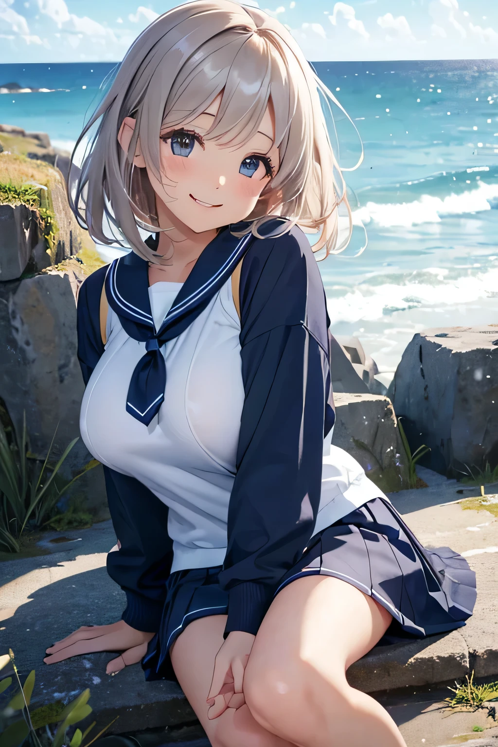 Highest quality、High resolution、Detailed Background、(Beautiful face in every detail:1.4)、Anatomically correct、Highly detailed face、Detailed eyes、age beauty、(Huge breasts:1.2)、Perfect body line、Light color hair、Bobcut、Wavy Hairstyle、well-groomed eyebrows、Shiny navy blue sailor suit、White sailor collar、Navy blue pleated skirt、School Cardigan、White Stockings、A big smile、Looking at me with a happy expression、Cute gestures、
The seaside covered in a dark grey sky、Hair swaying in the wind、The back of a girl standing facing the sea, blown by the sea breeze、Girl sitting on the beach、The figure curled up, hugging her knees、In a landscape dominated by cool colors、A girl standing quietly alone、Autumn sea
