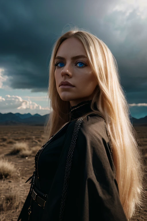 (Extremely detailed CG unity 8k wallpaper,masterpiece, Best Quality, ultra detailed),(better lighting, best shadow, an extremely delicate and beautiful),floating,high saturation,by rubio+blue eyes:1.2,gloomy gothic landscape, by the wide, look into the distance. (A beautiful girl with long blonde hair and bright blue eyes in gothic lighting.)