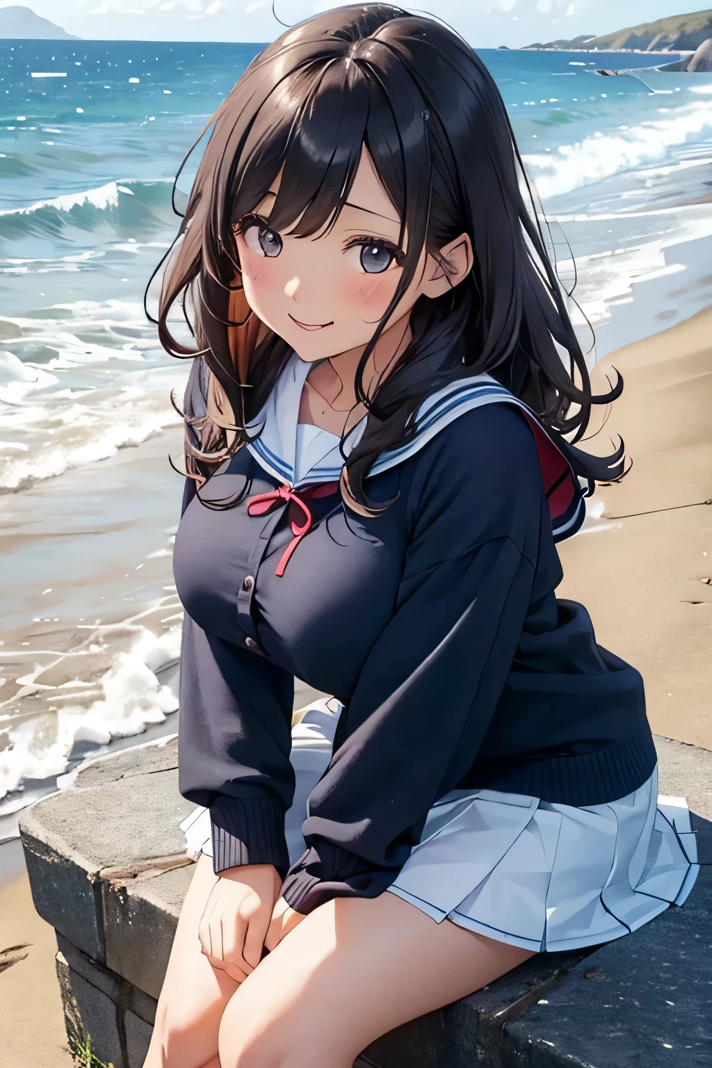 (Highest quality, 4K, masterpiece :1.3),(chest、Attractive body 1,3)、Embarrassed face、Embarrassing、Put your hand on your cheek、(Sailor swimsuit)、Girl sitting、You can see the ocean、Mouth slightly open、Lip details、Highly detailed face