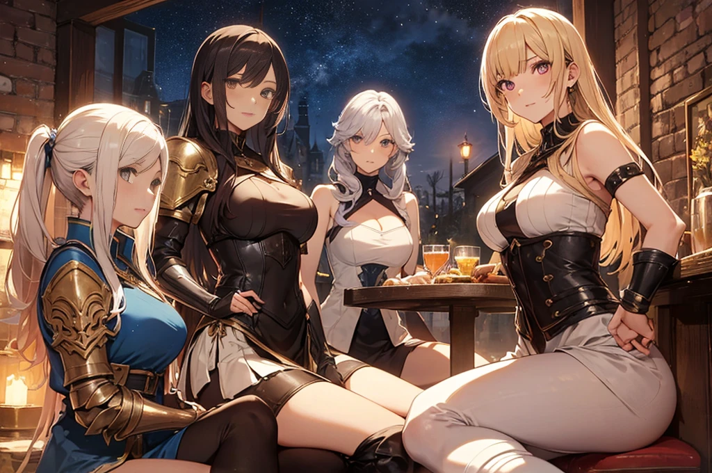 A group of  female medieval fantasy adventurers, (in tavern), various hair styles, harem, night, details face, short skirt, seducing, sleeveless, armor 