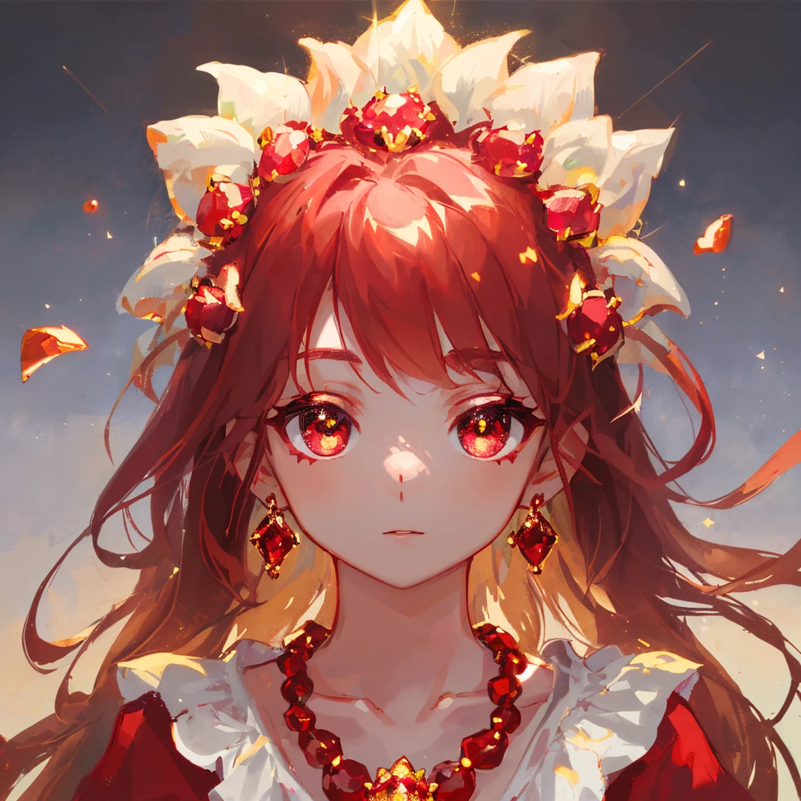1 girl masterpiece, highest quality, shape, Ruby eyes and hair, Ruby earrings, Ruby necklace, flame, fire fairy, cute, (dynamic lighting:1.2), cinematic lighting, delicate features, fine eyes, sharp pupils, realistic student, written boundary depth, Bokeh, sharp focus, (very detailed, bloom, shine:1.4), lots of little gems