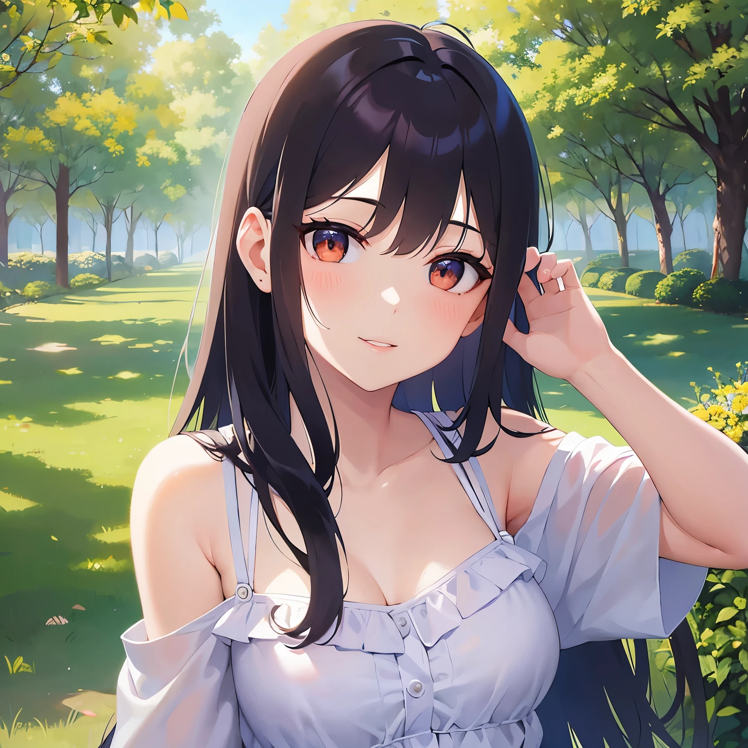 hand on own face, Cleavage、upper body、(pale skin: 1.2), shiny skin, shiny hair、(A 25-year-old woman with medium-length hair and bangs) and (wavy hair) and (brown hair) and (orange eyes) , (white) and (off shoulder dress) 、smile, (blush:1.2), The background is a park、Alone、Are standing