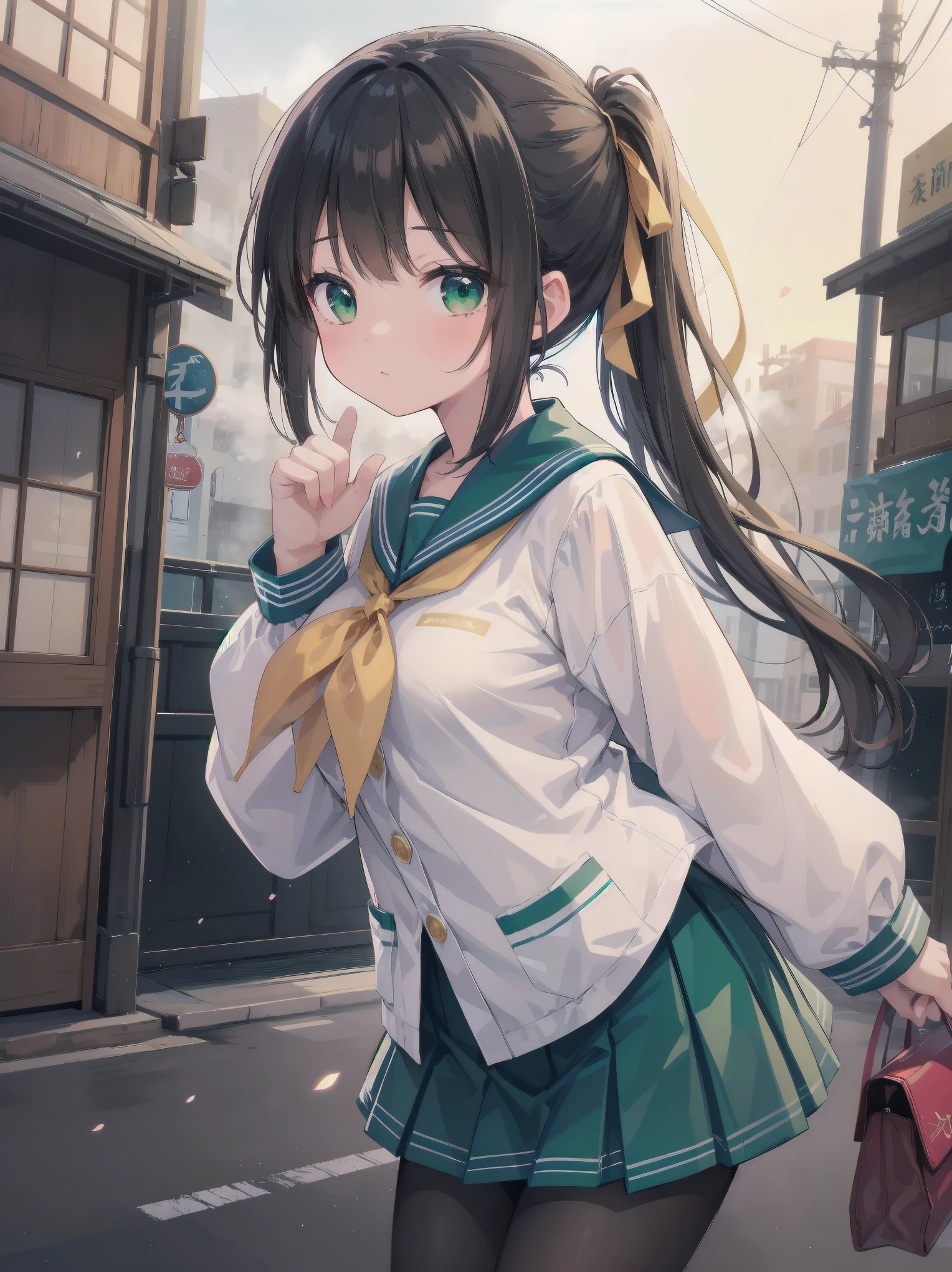Masterpiece, illustration, super detailed, kawaii, one girl, 独奏, slender 14 year old, Japanese girl, chou chou, ribbon, nape of neck, low ponytail, cute pose in Less revealing attire, (green sailor outfit, two gold lines), large gold ribbon, priss skirt, black pantyhose, , Long Sleeves, White innerwear for sailor suit, living room, cowgirl shot, sfw, dynamic angle、Close-up on the characters、(building, city、A dense fog of fluorescent particles、1800Era、Japanese Style、Fiction、grow、Overwhelming、Detailed street)、A beautiful girl with a beautiful background and a super cute pose