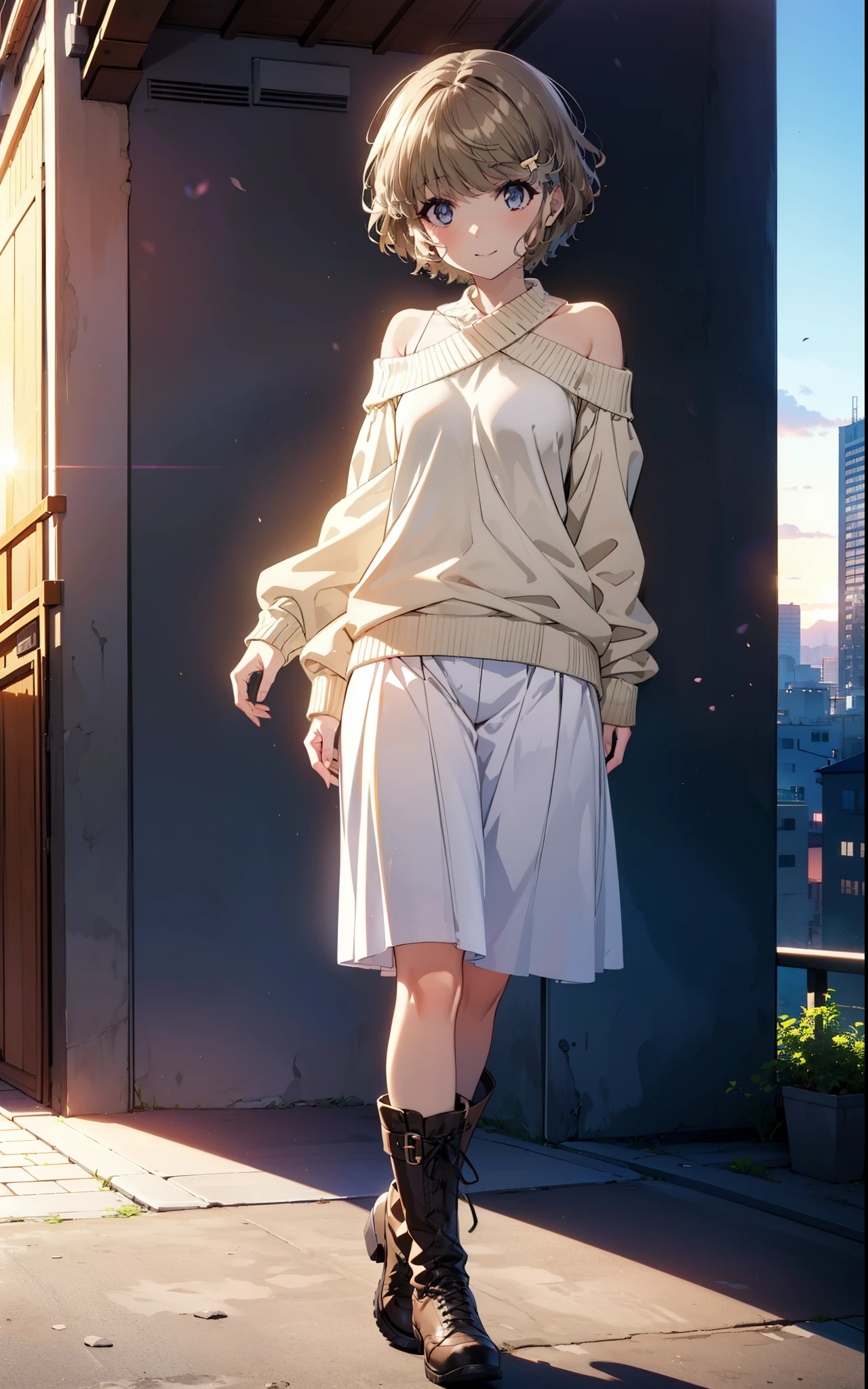 tomoekoga, Chie Koga, short hair, Brown Hair, blue eyes, Hair Clip,smile,One-shoulder sweater,Long skirt,short boots,Walking,morning,morning陽,The sun is rising,whole bodyがイラストに入るように,
break outdoors, Building district,
break looking at viewer, whole body,
break (masterpiece:1.2), Highest quality, High resolution, unity 8k wallpaper, (figure:0.8), (Beautiful attention to detail:1.6), Highly detailed face, Perfect lighting, Highly detailed CG, (Perfect hands, Perfect Anatomy),