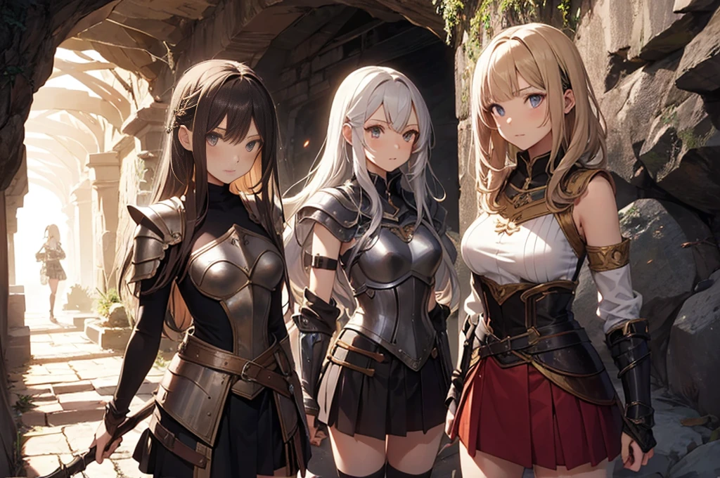 A group of  female medieval fantasy adventurers, (in cave), various hair styles, harem, dark, details face, short skirt, seducing, sleeveless, armor 