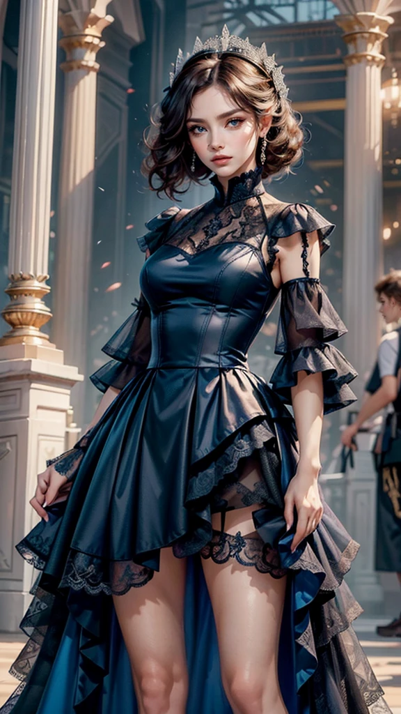 A fierce and edgy woman stands before you, dressed in a whith dress with intricate lace and playful ruffles. She holds a guitar in her hands, ready to unleash her musical talents. Her striking makeup and dark hair add to her rebellious aura.