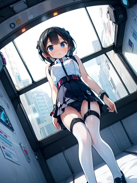 (Highest quality), (masterpiece), 1080P, High resolution, 4K, 8k, Inside the space station、Futuristic room、Thigh straps, Shooting from directly below, The woman on top of me, Nipples, 白いSweat, Covered , Sweat, Woman looking down, Skirt swimsuit, Thigh-high socks, To achieve this, , , whole body, Black leather shoes, Braided hair, Inner Color, Embarrassed face, Short black hair, bracelet, Bedroom,celestial body_Vest