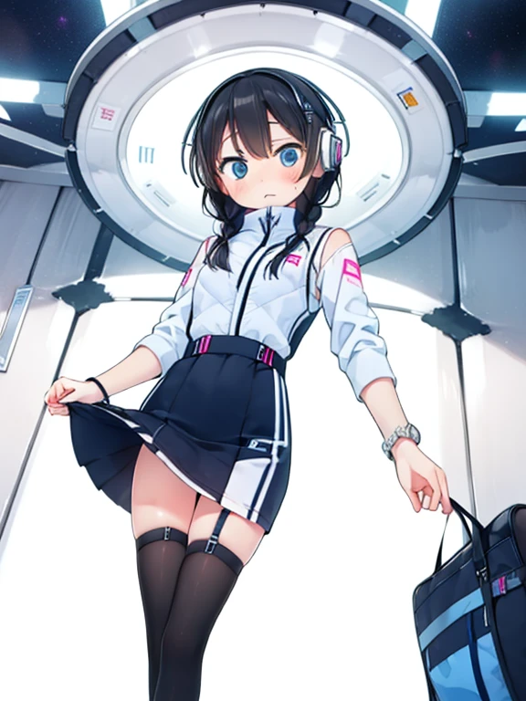 (Highest quality), (masterpiece), 1080P, High resolution, 4K, 8k, Inside the space station、Futuristic room、jumping:1.5,zero gravity,floating,Thigh straps, Shooting from directly below, The woman on top of me, 白いSweat, Covered , Sweat, Woman looking down, Skirt swimsuit, I can see your pants。BREAK black long sleeves,black tights,BREAK thigh-high socks, futuristic boots,headphone,To achieve this, , , whole body, Black leather shoes, Braided hair, Inner Color, Embarrassed face, Short black hair, bracelet, Bedroom,white downVest,celestial body_Vest
