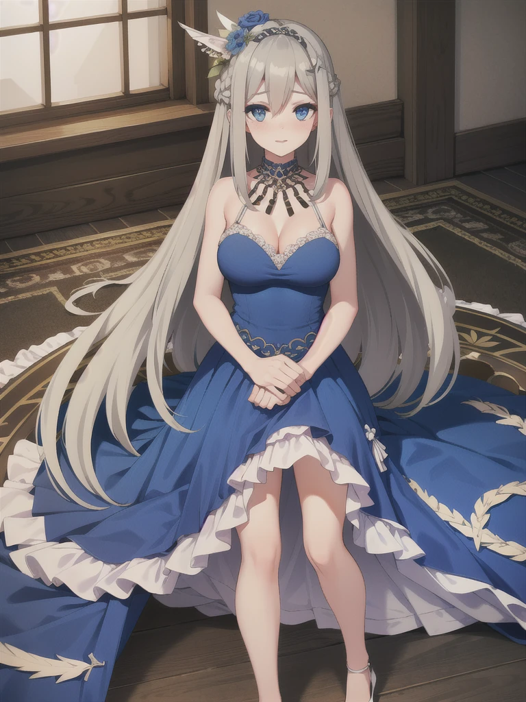 lexington \(warship girls r\),1girl, solo, (8k, masterpiece:1.2), highly detailed, ultra-detailed, masterclass, hair_between_eyes, braid, perfect lighting, medium breasts, hair ornament, Flaxen long hair(delicate eyes), (blue eyes), (detailed facial features), full body, long_hair, blush, feathers hair ornament, (dark blue wedding dress:1.2) night, windows, indoors, light, indoors, carpet, illustration, cowboy shot, masterpiece, best quality, best quality,Flaxen long hair(delicate eyes),(blue eyes),(MediumBlue evening dress:1.2),