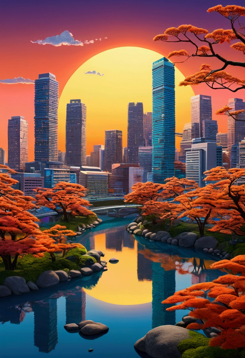 A mesmerizing conceptual art piece of a futuristic cityscape at twilight, with towering buildings illuminated by vibrant LED lights. The modern architecture showcases a harmonious blend of organic and geometric shapes. A winding river runs through the center of the city, reflecting the radiant colors of the sky. In the background, the sun dips below the horizon, casting a warm orange glow over the scene. Wildlife roams around, adding a touch of nature to the urban landscape. The composition is reminiscent of traditional Japanese ukiyo-e art, with a touch of 3D rendering and a focus on portrait photography., photo, conceptual art, wildlife photography, 3d render, portrait photography, ukiyo-e, illustration, vibrant