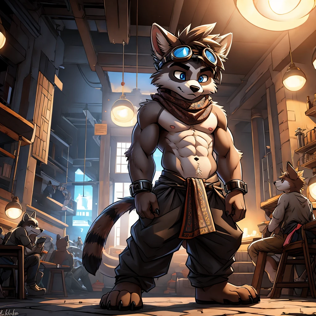 highres, High-quality illustrations, unparalleled masterpiece(movie of life)(furry anthro:1.7)absurd resolution (highly detailed beautiful face and eyes)perfect anatomy, expression, caustics, no lighting, deep shadow, dynamic angle, Solo, young furry, furry, young raccoon, grey body, long brown spiked_ponytail, Detailed body fur, long blue_scarf, leather_harness, goggles, masterpiece, gray body, Detailed face, big eyebrows, blue eyes, detailed eyes, No muscles, Detailed hands, Flat body, Skinny, Detailed paws, metal cuffs on wrists, metal cuffs on ankles, no shirt, black baggy pants, blue_loincloth, no underwear, bored, looking away, crowded nightclub, somber, sleepy, by pache_riggs