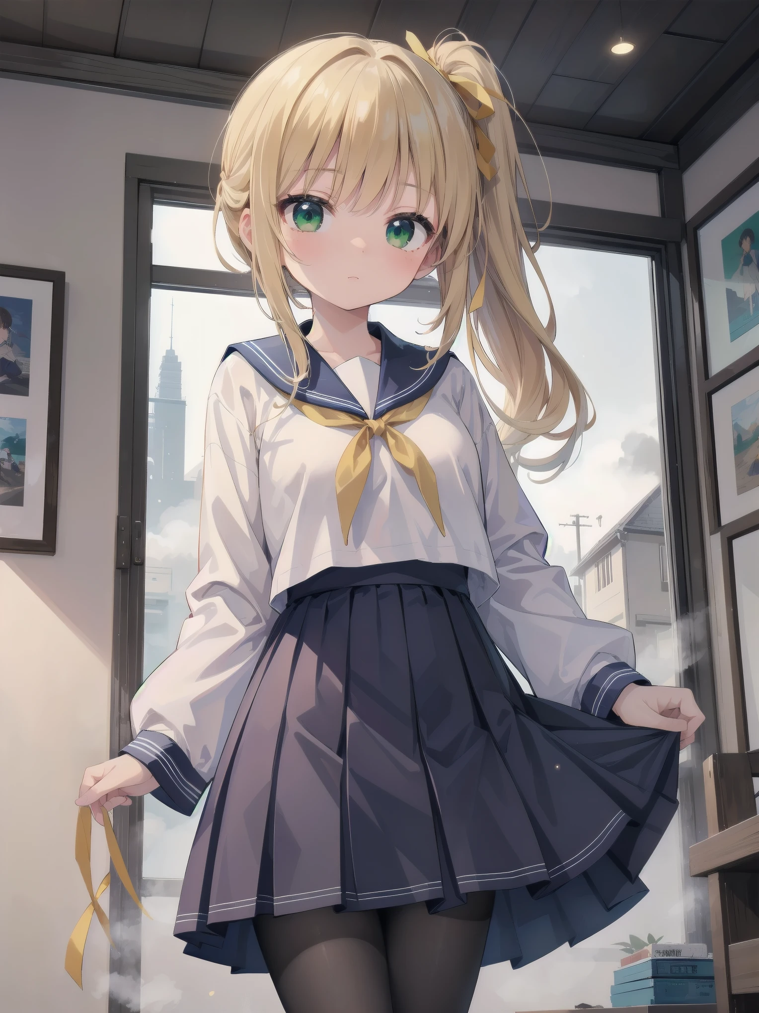 Masterpiece, illustration, super detailed, kawaii, one girl, 独奏, slender 14 year old, Japanese girl, chou chou, ribbon, nape of neck, low ponytail, cute pose in Less revealing attire, (green sailor outfit, two gold lines), large gold ribbon, priss skirt, black pantyhose, , Long Sleeves, White innerwear for sailor suit, living room, cowgirl shot, sfw, dynamic angle、Close-up on the characters、(building, city、A dense fog of fluorescent particles、１８００Era、Japanese Style、Fiction、grow、Overwhelming、Detailed street）、A beautiful girl with a beautiful background and a super cute pose
