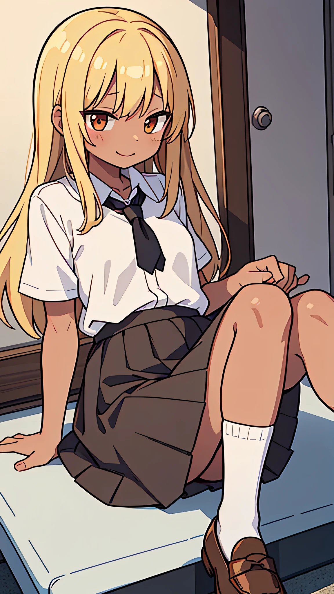 Black gal、bad、Mischievous Smile、Gal Makeup、Naughty、long hair、Blonde、Sunburn、Brown Skin、Nsfw、masterpiece, high quality, 4K, HDR,, Stable Diffusion prompt: with , wearing a white blouse and Brown skirt, white panties visible, navy socks and brown loafers, in a state of arousal and trembling with sexual climax,simple illustration style, In a nichijou (everyday life) setting