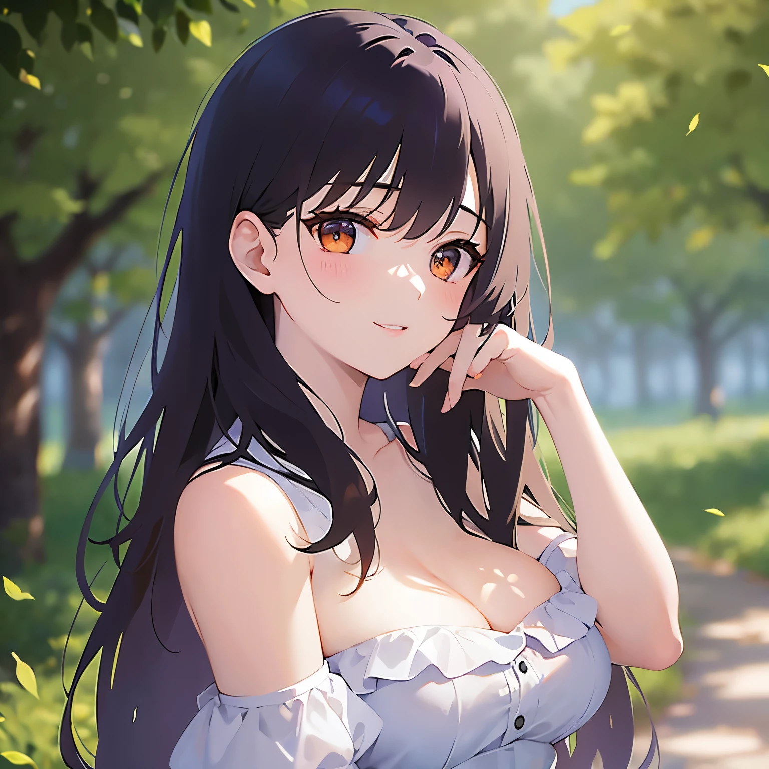 cinematic angle, hand on own face, Cleavage、upper body、(pale skin: 1.2), shiny skin, shiny hair、(A 25-year-old woman with medium-length hair and bangs) and (wavy hair) and (brown hair) and (orange eyes) , (white) and (off shoulder dress) 、smile, (blush:1.2), The background is a park、Alone、Are standing