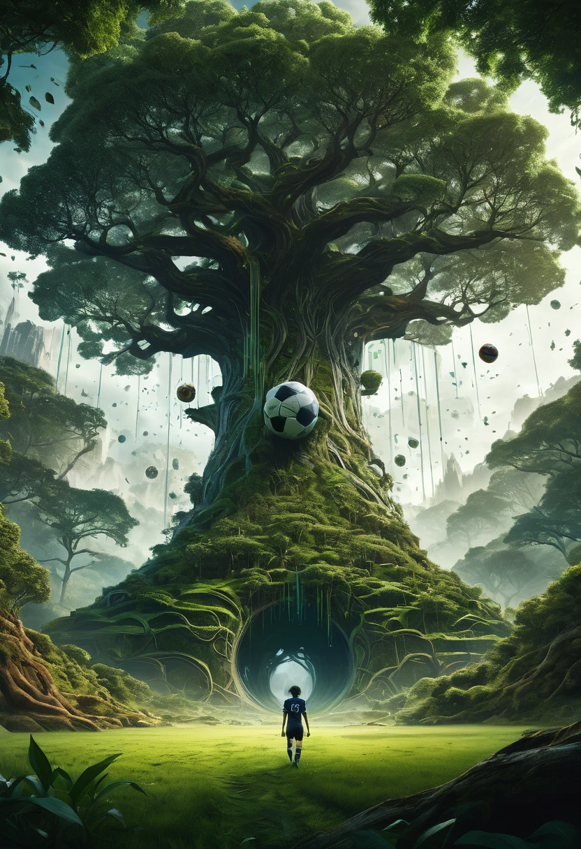 "Create a highly detailed, surreal matte painting featuring a football game taking place on a field beneath a colossal, tree-like Yggdrasil. Include players actively engaged in the game, rendered with amazing depth and artistic photorealism. The scene should feature a mysterious forest backdrop with a silhouetted woman, inspired by the styles of Minjae Lee, Carne Griffiths, Emily Kell, Geoffroy Thoorens, Aaron Horkey, Jordan Grimmer, and Greg Rutkowski. Integrate intricate geometric patterns and abstract forms into the scene, with bokeh effects enhancing the dreamlike atmosphere. Ensure perfect balance with deep fine borders and smooth textures, reflecting a masterwork quality that blends the surreal elements of the Yggdrasil and forest scene with the dynamic action of the football game. --ar 2:3 --s 999 --v 6"