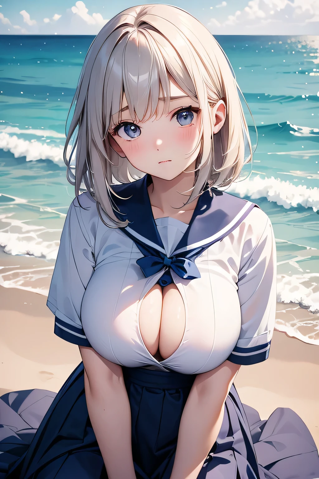 Highest quality、High resolution、Detailed Background、(Beautiful face in every detail:1.4)、Anatomically correct、Highly detailed face、Detailed eyes、age beauty、(Huge breasts:1.2)、Perfect body line、Light color hair、Bobcut、Wavy Hairstyle、well-groomed eyebrows、Shiny navy blue sailor suit、White sailor collar、Navy blue pleated skirt、School Cardigan、White Stockings、A melancholy atmosphere、
The seaside covered in a dark grey sky、My hair swaying in the wind、It highlights the girl's lonely expression.、The figure of a girl walking slowly alone on the beach seems to symbolize the loneliness of autumn.、
While being blown by the sea breeze、There seems to be a sadness in the eyes of the girl as she silently gazes into the distance.、The back of the girl standing facing the sea seems to speak of loneliness and solitude.、Girl sitting on the beach、The sight of her curled up, hugging her knees, makes me feel like she is carrying a heavy burden inside her.、The tears that occasionally run down my cheeks seem to symbolize the loneliness of autumn.、The girl's gloomy expression stands out in a landscape dominated by cool colors.、The sight of a girl standing quietly alone awakens the loneliness of autumn deep in our hearts.、The inner loneliness of the girl reflected in the autumn sea slowly seeps into the viewer's heart.