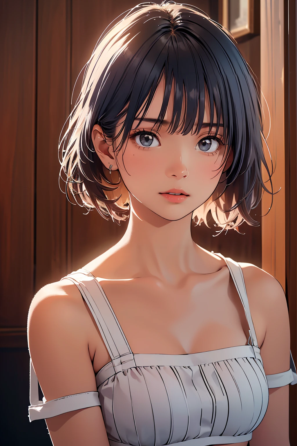 (Highest quality:1.4),(masterpiece:1.4),(Realistic:1.4),(Realistic:1.2),(超High resolution, RAW Photos:1.4),(High resolution, Very detailed:1.2),(8K:1.2),Cinematography,a photo of a dark-haired,Her hairstyle is a short bob with bangs...,One Girl,alone,(In underwear),((Upper Body:1.3))