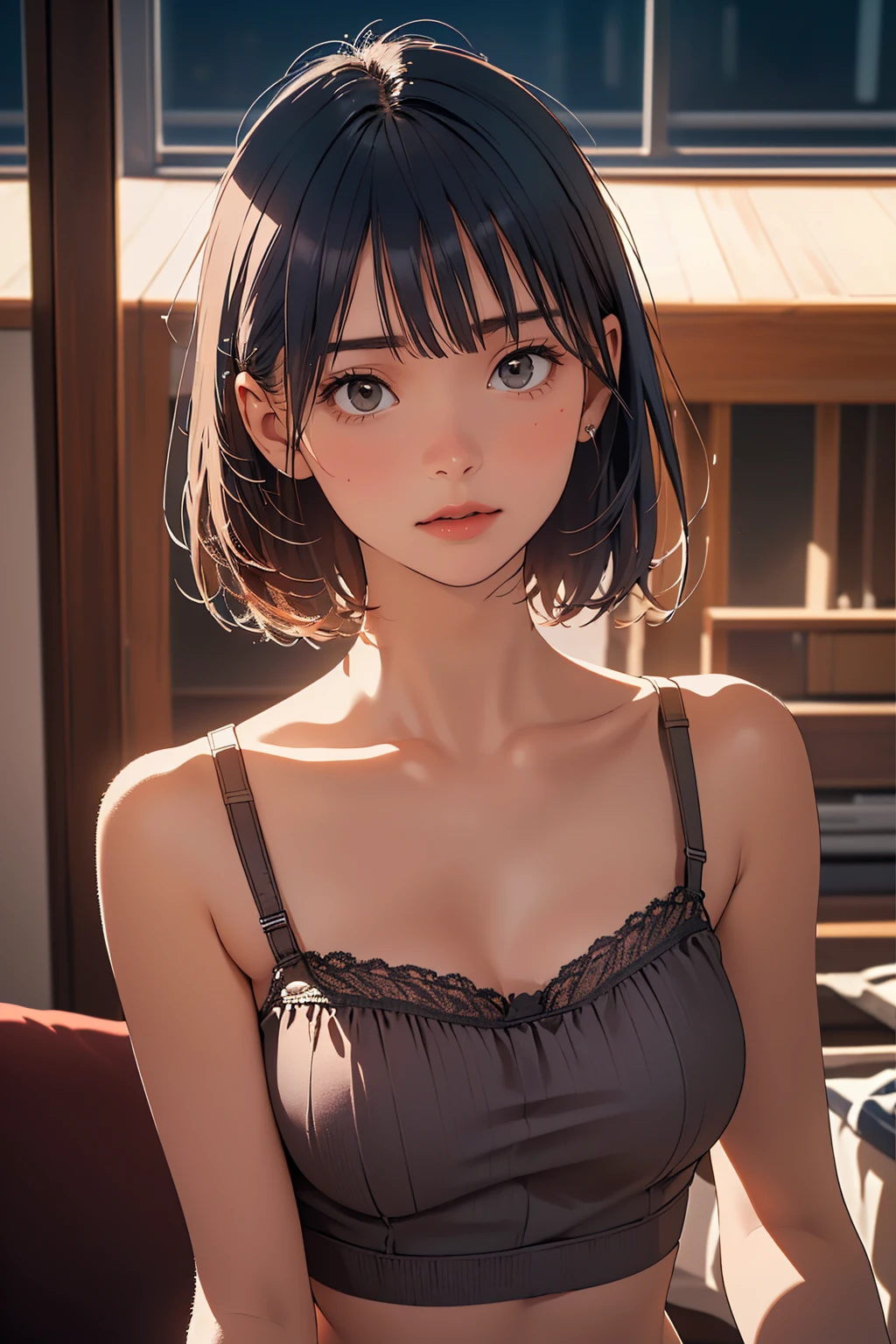 (Highest quality:1.4),(masterpiece:1.4),(Realistic:1.4),(Realistic:1.2),(超High resolution, RAW Photos:1.4),(High resolution, Very detailed:1.2),(8K:1.2),Cinematography,a photo of a dark-haired,Her hairstyle is a short bob with bangs...,One Girl,alone,(In underwear),((Upper Body:1.3))