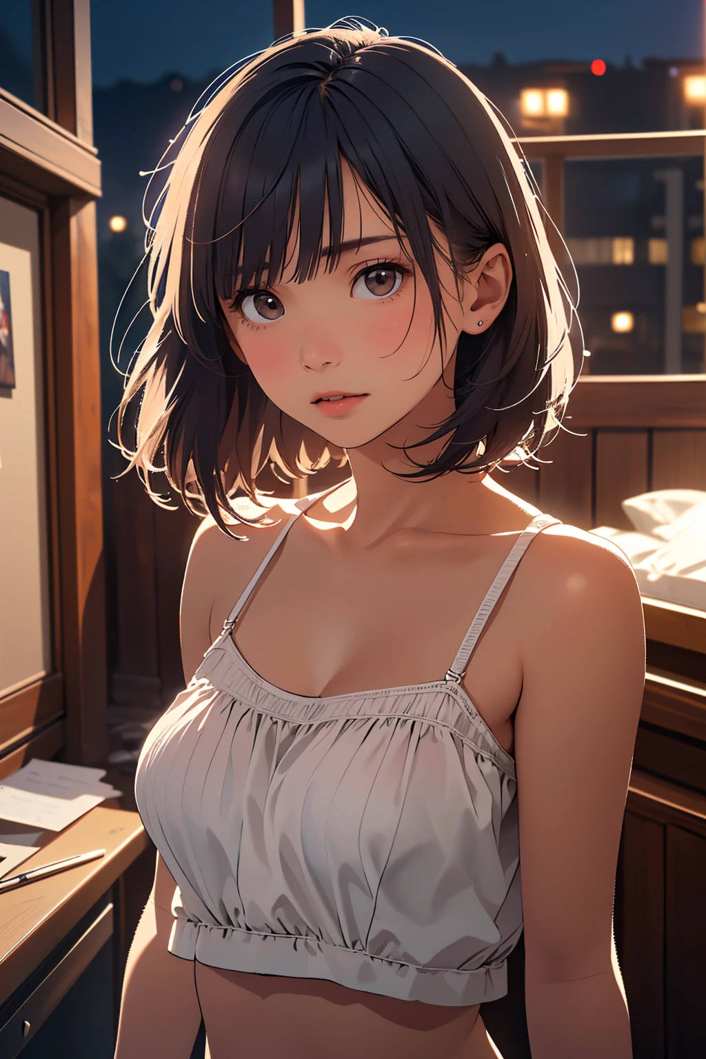 (Highest quality:1.4),(masterpiece:1.4),(Realistic:1.4),(Realistic:1.2),(超High resolution, RAW Photos:1.4),(High resolution, Very detailed:1.2),(8K:1.2),Cinematography,a photo of a dark-haired,Her hairstyle is a short bob with bangs...,One Girl,alone,(In underwear),((Upper Body:1.3))