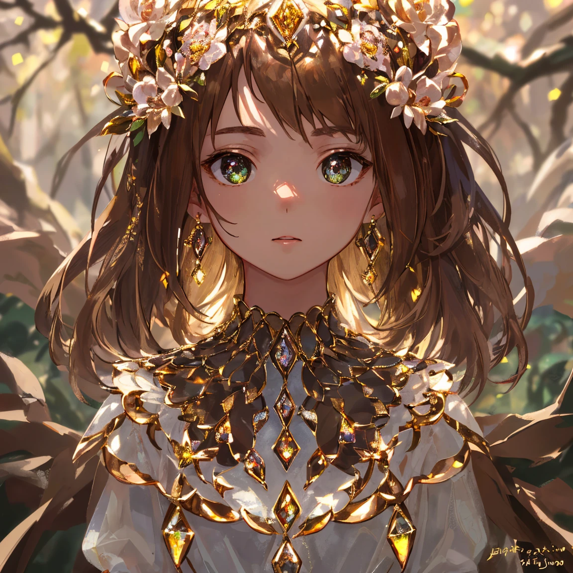 1 girl masterpiece, highest quality, shape, brown diamond eyes and hair, brown diamond earrings, brown diamond necklace, soil, earth fairy, cute, (dynamic lighting:1.2), cinematic lighting, delicate features, fine eyes, sharp pupils, realistic student, written boundary depth, Bokeh, sharp focus, (very detailed, bloom, shine:1.4), lots of little gems