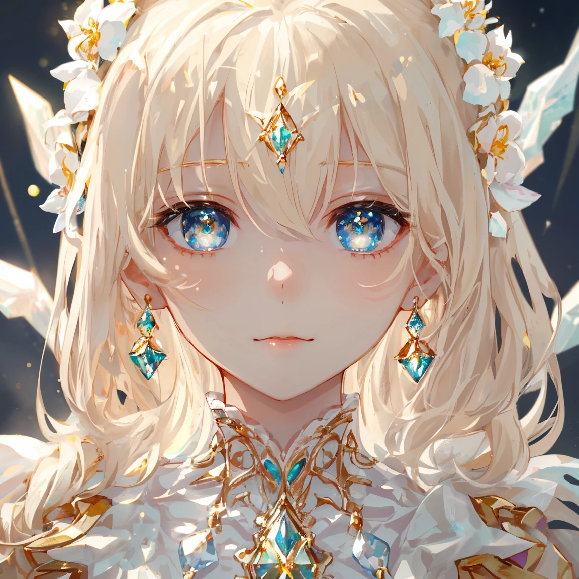 1 girl masterpiece, highest quality, shape, crystal ivory cream delight eyes and hair, crystal ivory cream delight earrings, crystal ivory cream delight necklace, soil, earth fairy, cute, (dynamic lighting:1.2), cinematic lighting, delicate features, fine eyes, sharp pupils, realistic student, written boundary depth, Bokeh, sharp focus, (very detailed, bloom, shine:1.4), lots of little gems