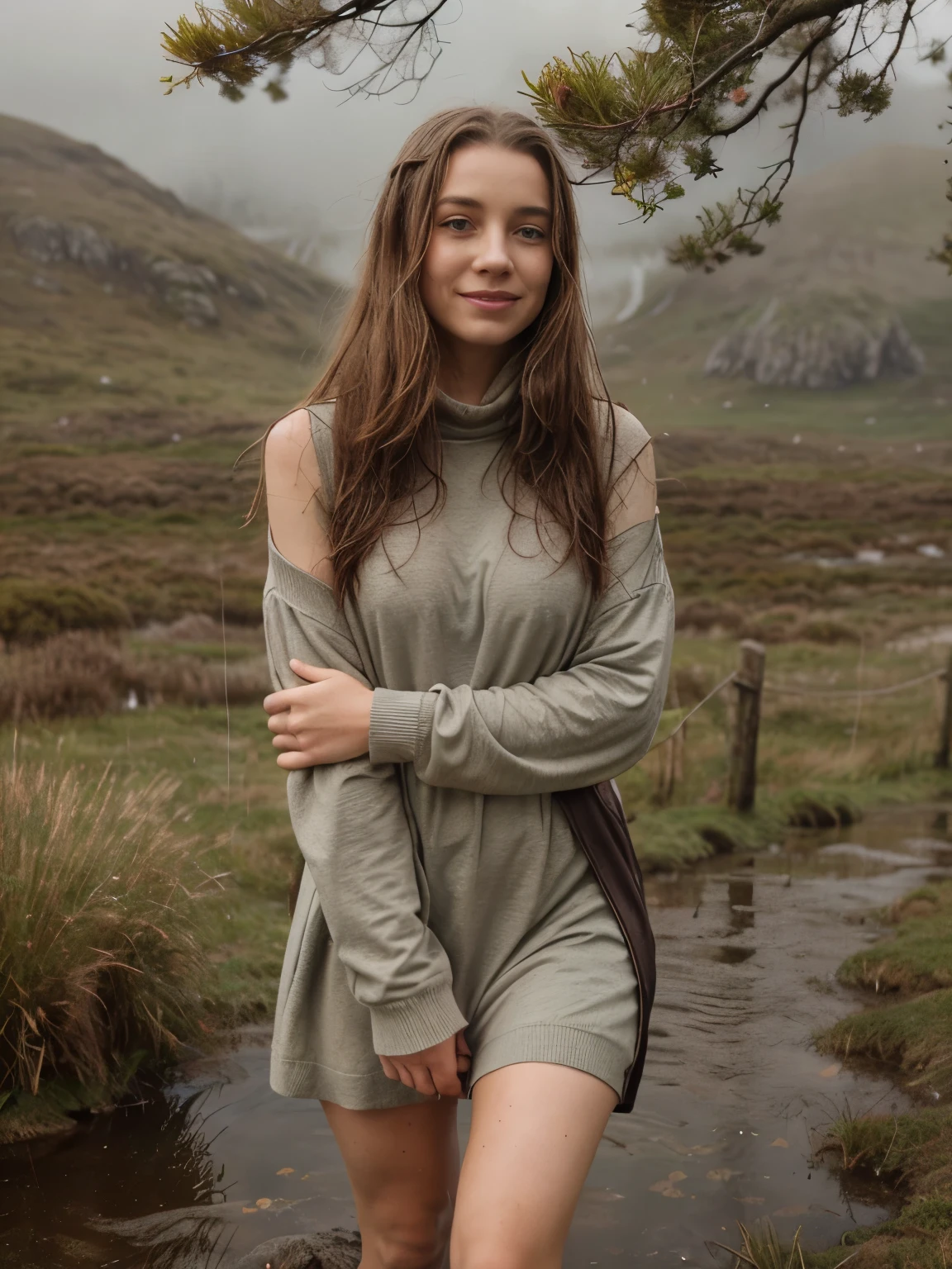 **A vivid and evocative scene featuring a beautiful 19-year-old Irish girl drenched by gentle rain, walking gracefully through the misty Connemara moor. She is dressed in dirty, torn clothes, including a long Irish dress and a sweater, with her attire soaked through. The rain-soaked fabric enhances the sensory experience of the scene, with droplets clinging to her and creating a texture of wetness. The ethereal ambiance of the moor and her resilient yet graceful presence amidst the natural beauty of the landscape are captured with enchanting allure. Her wavy ginger hair, shoulder-length and tousled by the wind, frames her face, while her gray eyes and pale skin with light freckles add to the mystical Irish vibe. The detailed setting includes muddy ground, scattered rocks, mist, and raindrops on leaves. The stormy sky is overcast with gray clouds, and the Connemara mountains provide a dramatic backdrop. The scene is depicted in high detail with natural lighting, capturing the complex textures and atmosphere of the moor, featuring wet grass, puddles, and peaty soil. The color palette includes gray, green, brown, white, black, yellow, blue, purple, red, orange, and tan, reflecting the varied natural elements like moss, heather, bracken broom, gorse, granite, quartz, and schist.** - Dirty, torn clothes - Long Irish dress - Sweater - Wet fabric - Mud - Rocks - Mist - Rain droplets - Moss - Heather - Grass - Puddles - Raindrops on leaves - Stormy sky - Wet hair - Damp earth - Gray clouds - Overcast - Mountain slopes - Rolling hills - Stone walls - Peaty soil - Bracken broom - Gorse - Granite - Quartz - Schist - Gray - Green - Brown - White - Black - Yellow - Blue - Purple - Red - Orange - Tan