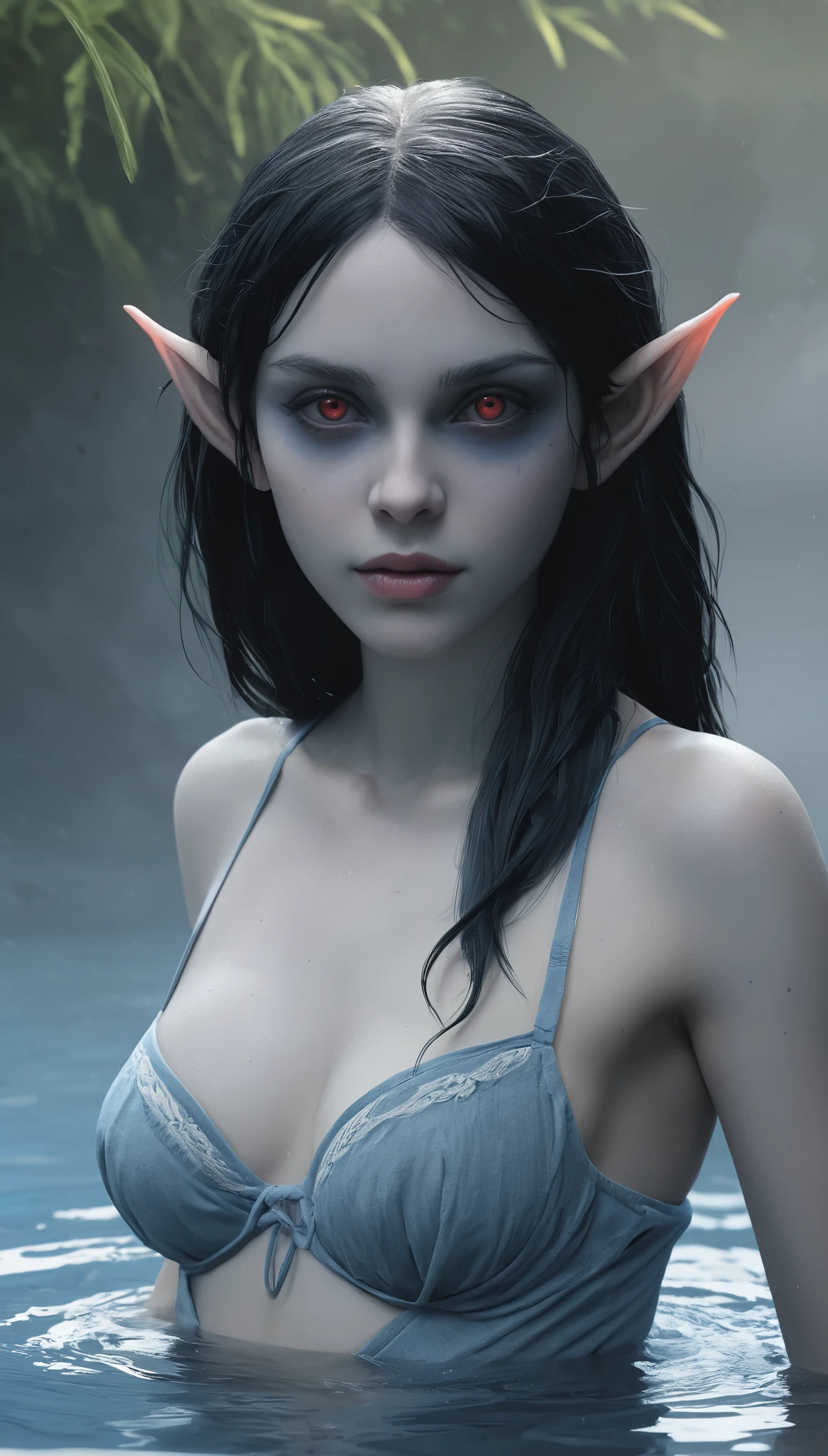 A young drow girl, 18 years-old, drow, elf ears, long pointy ears, ruby red eyes, blue skin, blue complexion, raven hair, pretty, natural beauty, wearing linen undergarments, posing in a steamy sulfuric hot spring, an illustrated movie poster, hand-drawn, full color, hard shadows, graphite shading, stencil marks, airbrushed acrylic paint, masterpiece, in the style of Rockstar Games
