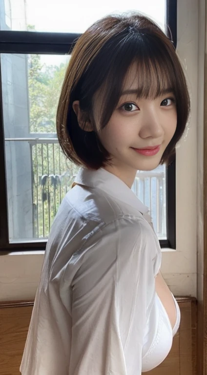 ((Layered Haircut、Huge boobs:1.2)),(8k,Highest quality),Full Body Shot,Winching from a distance,Shots from a distance,School classroom,student,class,Play the game,White collared shirt、Wear a JK skirt,Full body photo:1.9, Android, Adorable, smile, Thin face, Short fine hair, 32K, masterpiece, Best image quality,Ultra-high resolution,Perfect hands,Looking_in_peeping in the viewer,