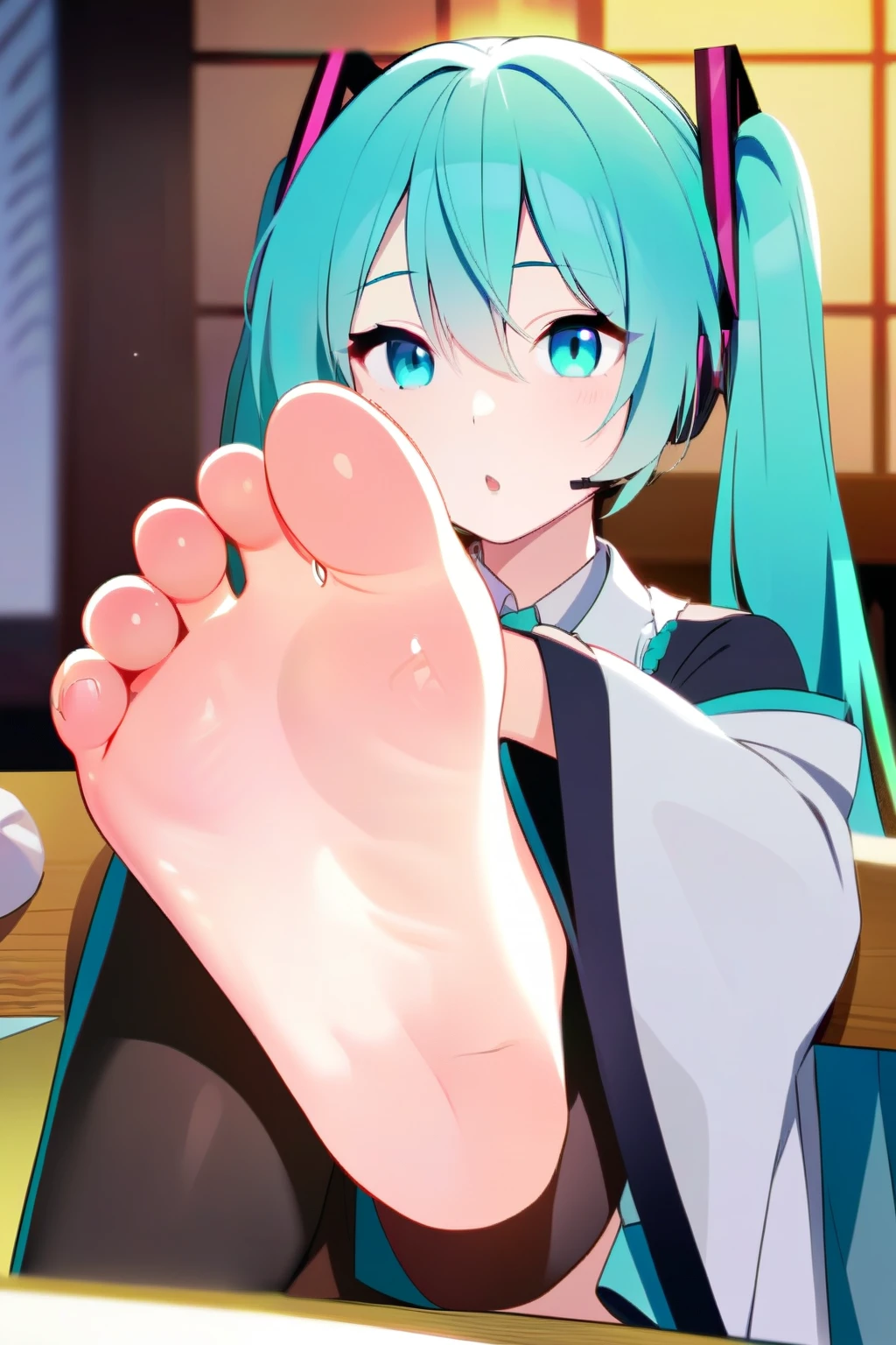 (Detailed) (Masterpiece) Hatsune Miku wearing a kimono showing her detailed feet