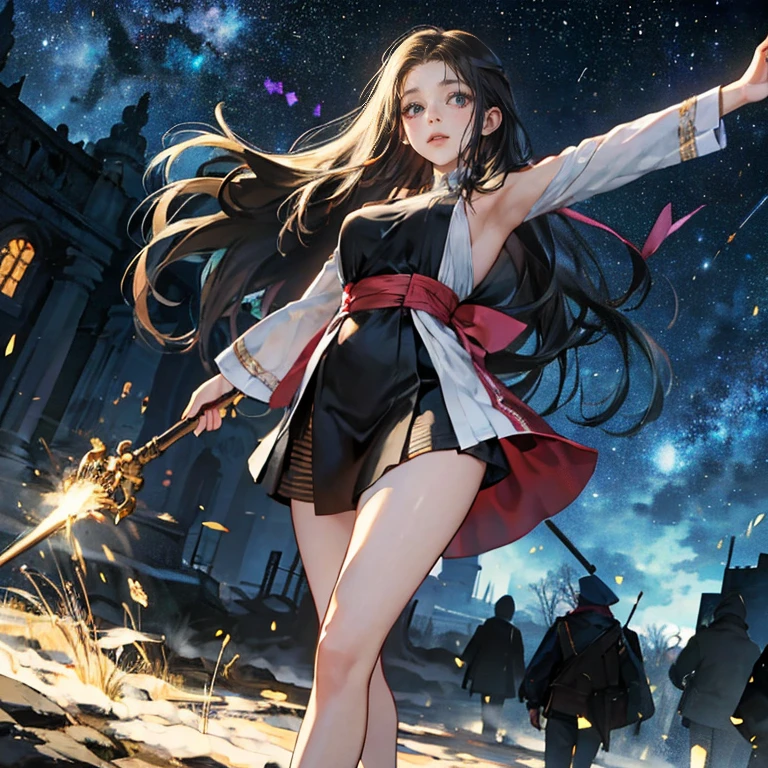 (Highest quality, 8k, masterpiece:1.3,beautiful girl), (masterpiece:1.3, Highest quality, Ultra-high resolution, Very detailed),Beautiful body, Beautiful breasts, Beautiful thighs, Beautiful feet, Beautiful fingers, Glowing Skin,(((Long Hair,Black Hair,Beautiful Hair))),(Perfect Anatomy, Anatomically correct, Very detailed肌), Cute and symmetrical face, Perfect Face, Perfect Eyes, ((Perfect Fingers, Five Fingers)), (((whole body,Draw the whole thing)))((Two Arms,Two legs)),Large Breasts,(((Wizard,Black Dress,Big walking stick))),(((Starry Sky,crowd,war,battlefield,battlefieldを照らす女神))),Standing on high ground,