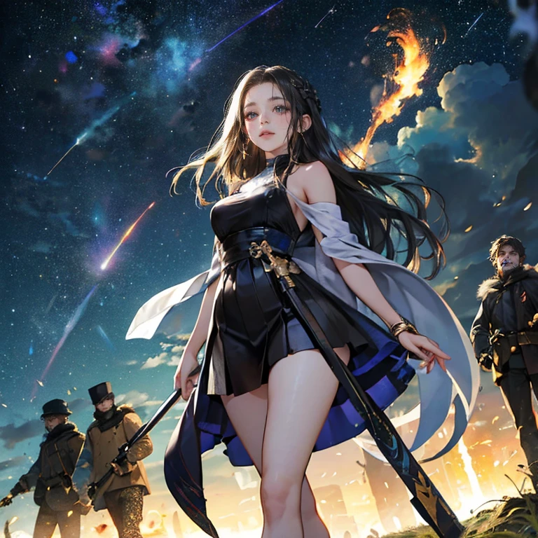 ​(Highest quality, 8k, masterpiece:1.3,beautiful girl), (masterpiece:1.3, Highest quality, Ultra-high resolution, Very detailed),Beautiful body, Beautiful breasts, Beautiful thighs, Beautiful feet, Beautiful fingers, Glowing Skin,(((Long Hair,Black Hair,Beautiful Hair))),(Perfect Anatomy, Anatomically correct, Very detailed肌), Cute and symmetrical face, Perfect Face, Perfect Eyes, ((Perfect Fingers, Five Fingers)), (((whole body,Draw the whole thing)))((Two Arms,Two legs)),Large Breasts,(((Wizard,Black Dress,Big walking stick,Fight with magic))),(((Midnight,Starry Sky,crowd,war,battlefield,battlefieldを照らす女神,Medieval Europe World))),Stand on high ground,((Raise your wand and light up the sky)),There are a lot of goblins on the plateau....,(((Soldiers fighting the enemy,))),(((Our allies are human|The enemy is a goblin))),Dynamic pose,Combat with Goblins