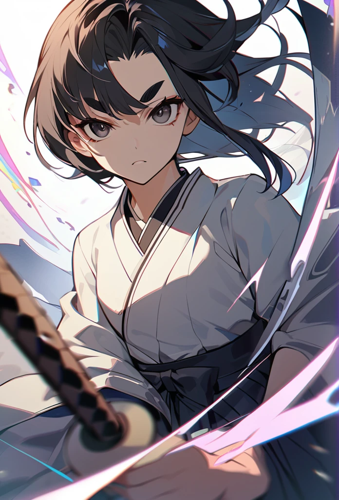 (chiaroscuro), Dutch angle, white kimono, hakama, microskirt, black eyes, thick eyebrows, half eyebrows up, eyes half open, squint, forhead, black hair, asymmetrical hair, serious face, mirage static charge, a drawn katana