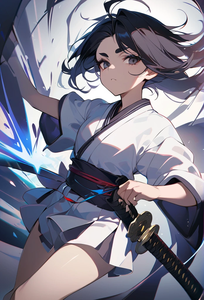(chiaroscuro), Dutch angle, white kimono, hakama, microskirt, black eyes, thick eyebrows, half eyebrows up, eyes half open, squint, forhead, black hair, asymmetrical hair, serious face, mirage static charge, a drawn katana