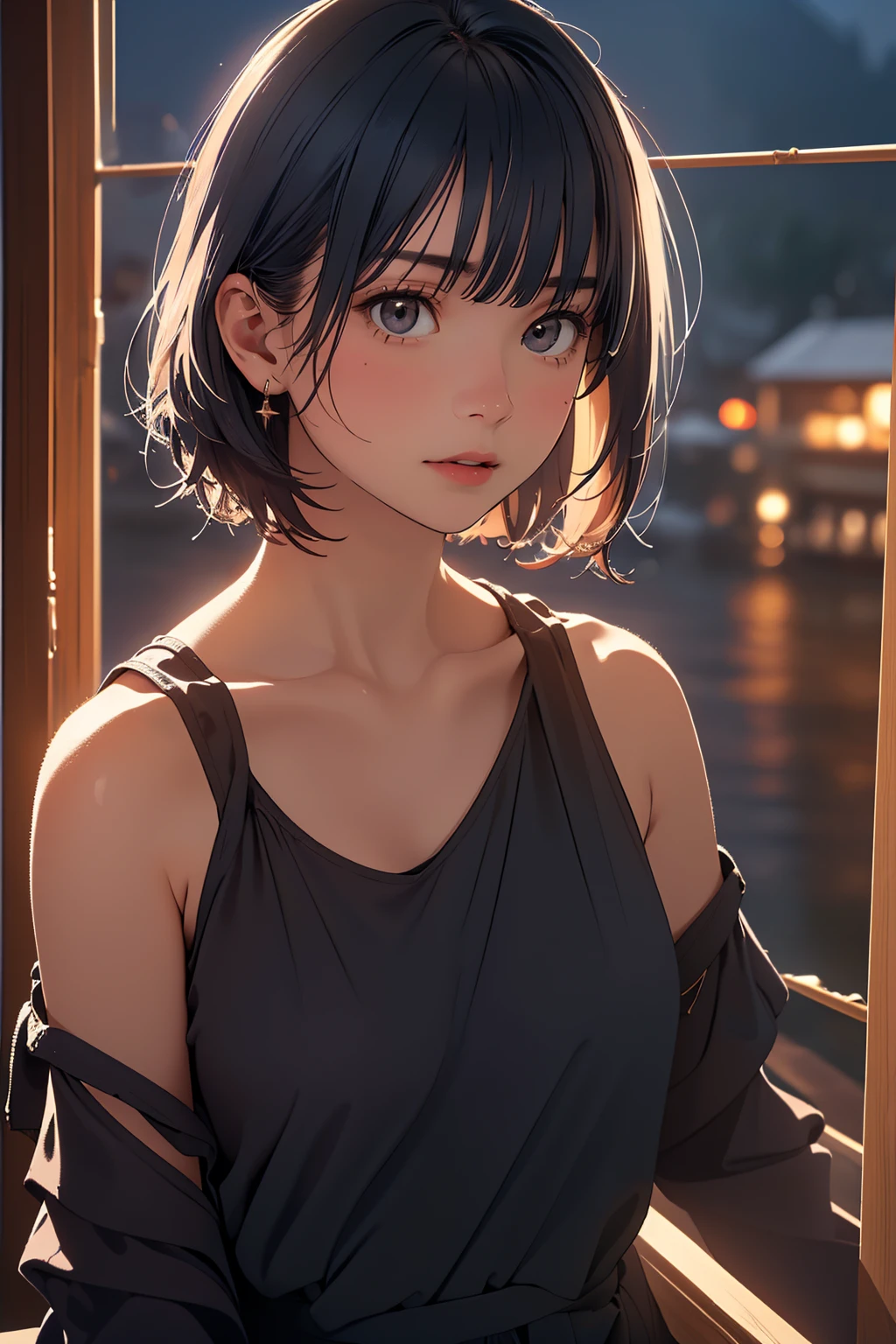 (Highest quality:1.4),(masterpiece:1.4),(Realistic:1.4),(Realistic:1.2),(超High resolution, RAW Photos:1.4),(High resolution, Very detailed:1.2),(8K:1.2),Cinematography,a photo of a dark-haired,Her hairstyle is a short bob with bangs...,One Girl,alone,(In underwear),((Upper Body:1.3))
