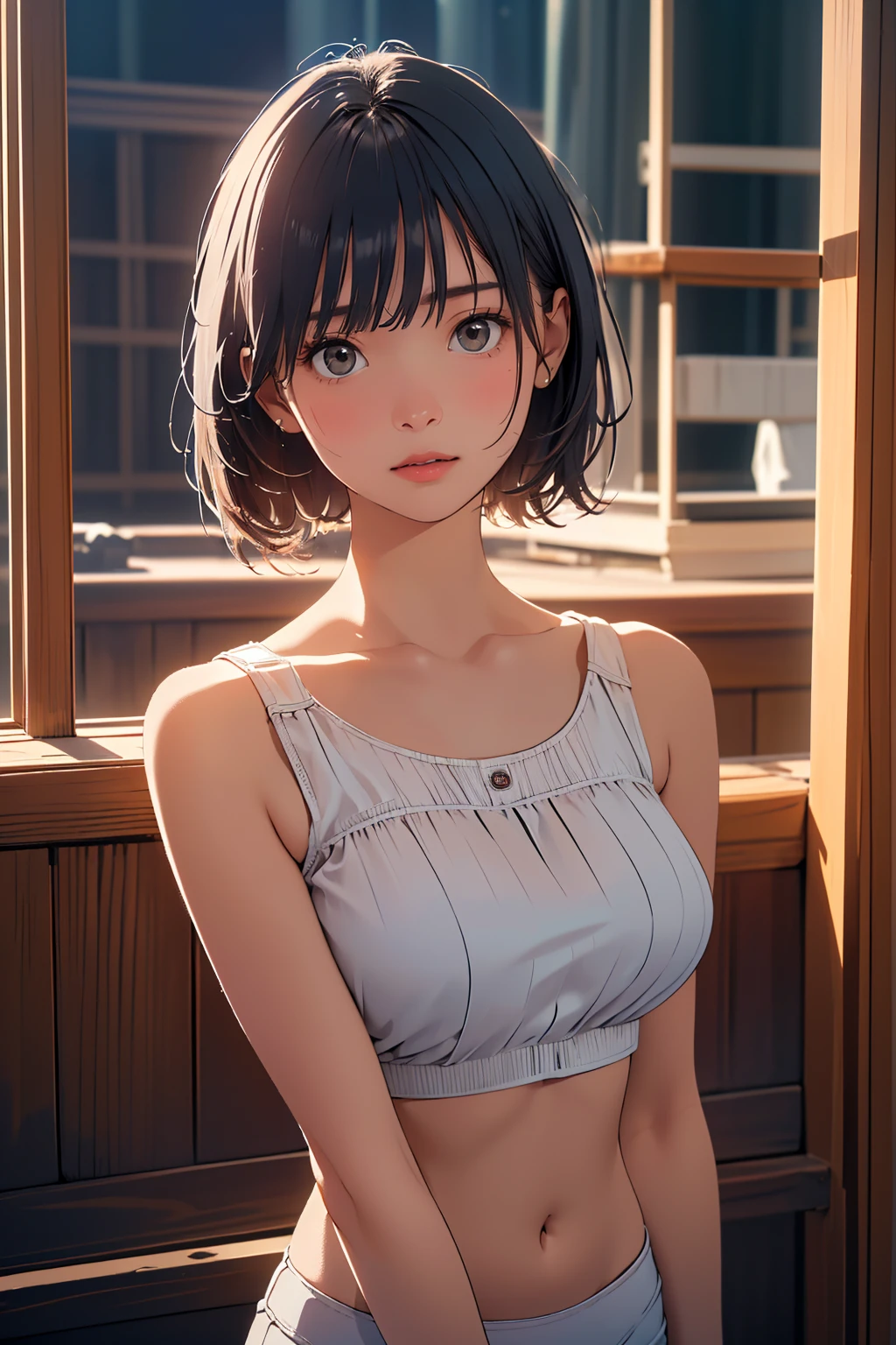 Best quality, 8K, Masterpiece, Shy, japanaese girl, Naked, wrapped in the towel, Look at the screen, Short hair, moderately sized breasts, Detailed eyes, Detailed body, Small smile, Light blush on the face --auto