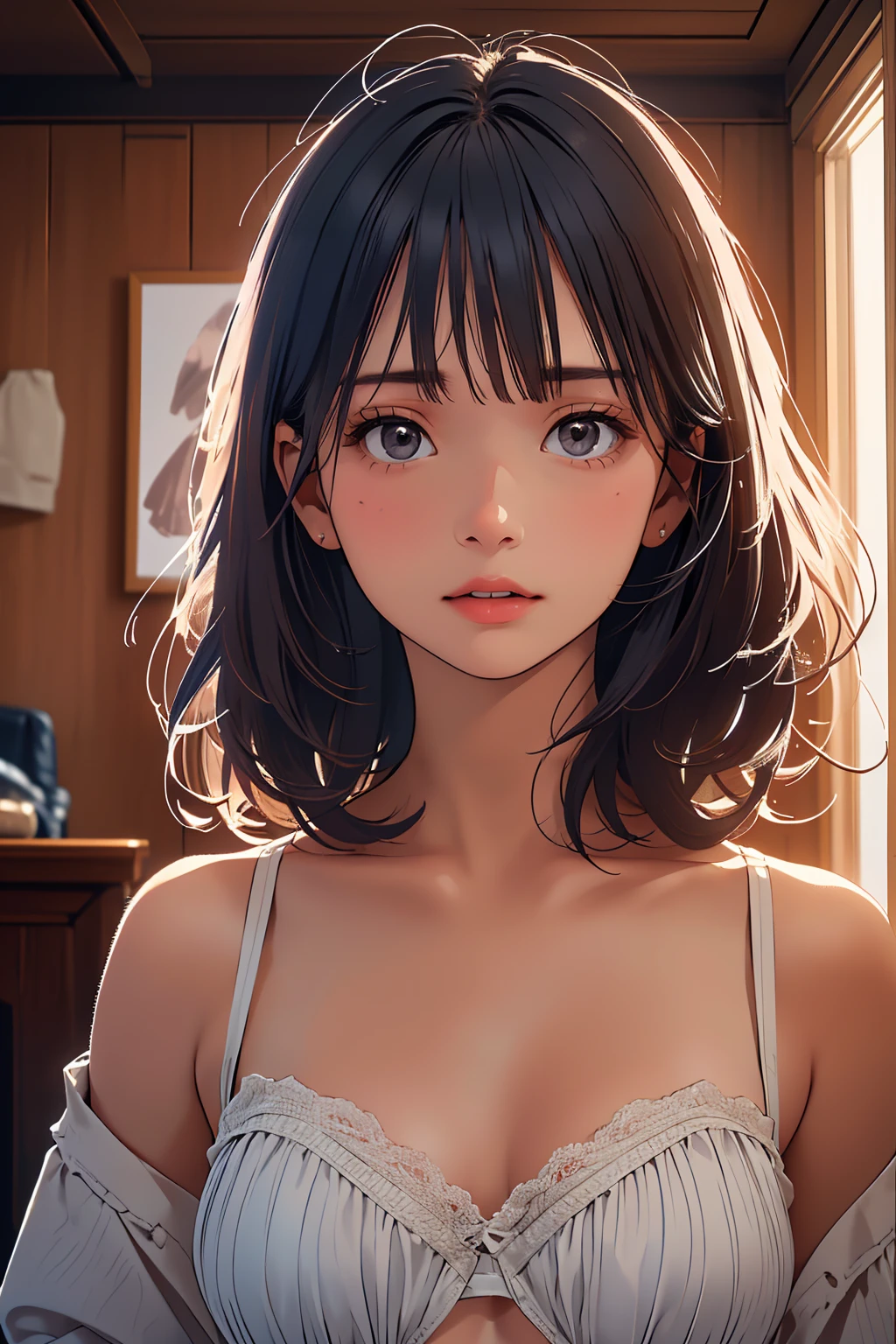 (Highest quality:1.4),(masterpiece:1.4),(Realistic:1.4),(Realistic:1.2),(超High resolution, RAW Photos:1.4),(High resolution, Very detailed:1.2),(8K:1.2),Cinematography,a photo of a dark-haired,Her hairstyle is a short bob with bangs...,One Girl,alone,(In underwear),((Upper Body:1.3))