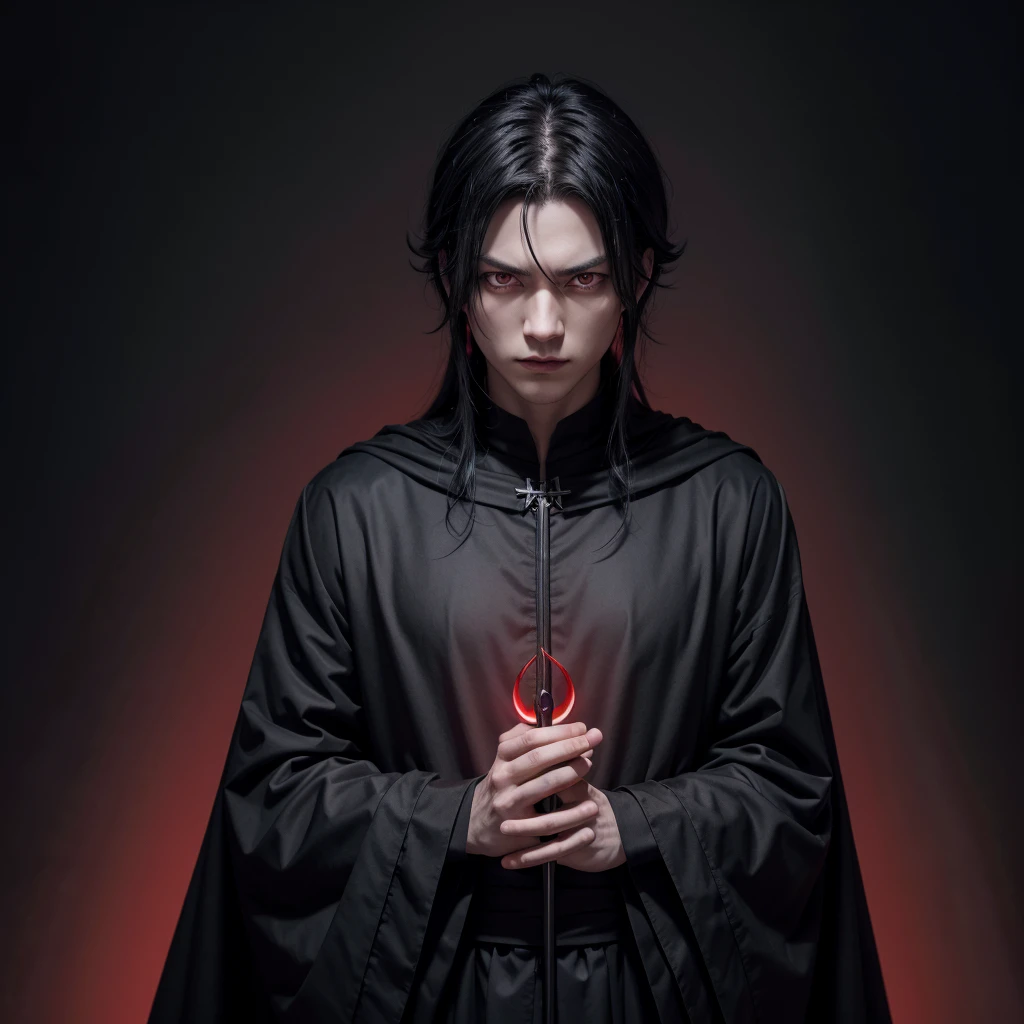 male character in a black outfit, in dark robes, dark wizard, dark priest, dark dress, best anime character design, villain pose, evil sorcerer, with black hair and red eyes on a dark background, with bright red eyes, okata kazuko, ryuko matoi,sharp red eyes, sebastian michael, it has a piercing gaze.