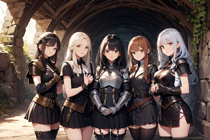 A group of female medieval fantasy adventurers, (in cave), various hair styles, harem, dark, details face, short skirt, seducing, sleeveless, armor