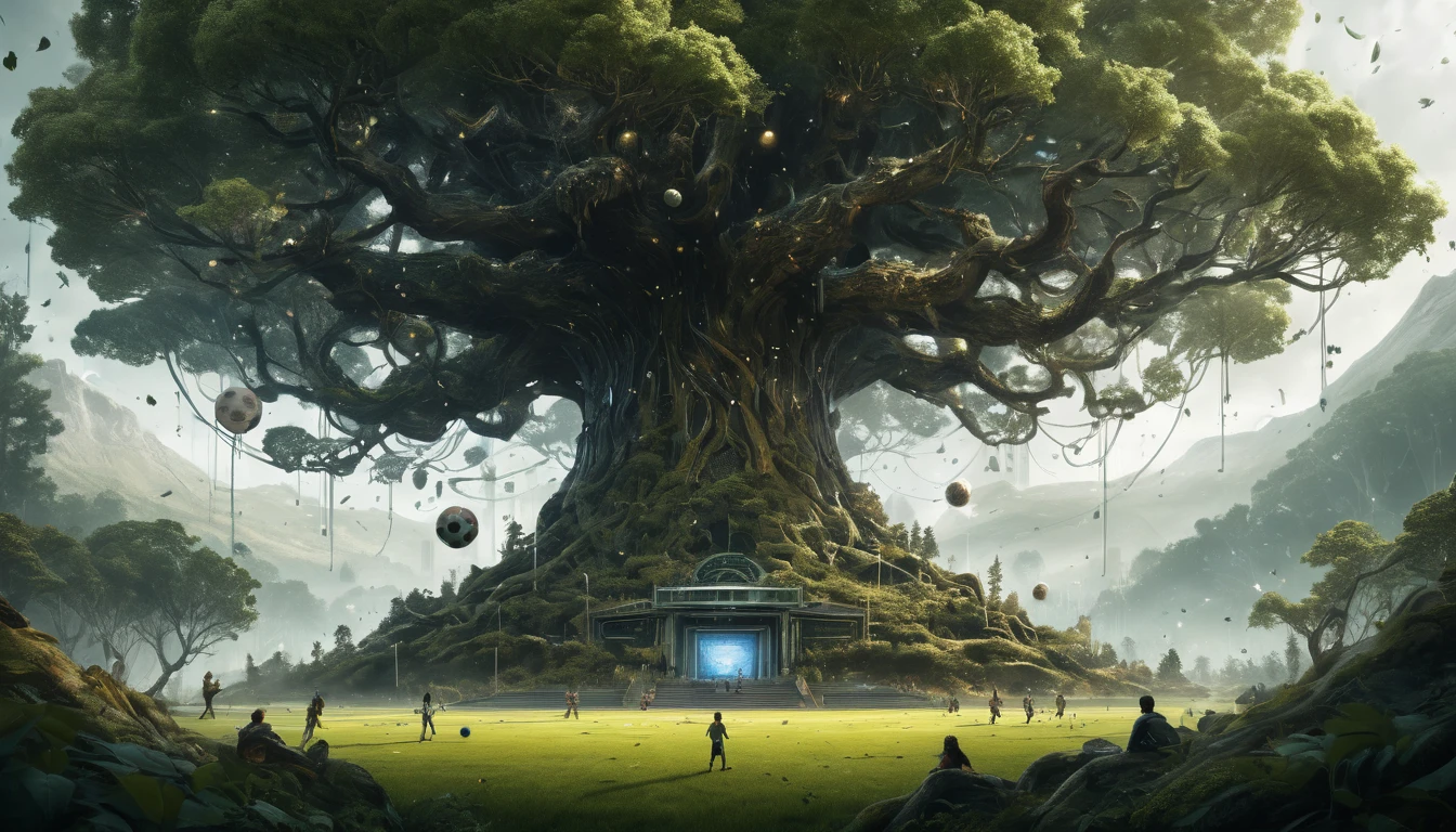 "Create a highly detailed, surreal matte painting featuring a football game taking place on a field beneath a colossal, tree-like Yggdrasil. Include players actively engaged in the game, rendered with amazing depth and artistic photorealism. The scene should feature a mysterious forest backdrop with a silhouetted woman, inspired by the styles of Minjae Lee, Carne Griffiths, Emily Kell, Geoffroy Thoorens, Aaron Horkey, Jordan Grimmer, and Greg Rutkowski. Integrate intricate geometric patterns and abstract forms into the scene, with bokeh effects enhancing the dreamlike atmosphere. Ensure perfect balance with deep fine borders and smooth textures, reflecting a masterwork quality that blends the surreal elements of the Yggdrasil and forest scene with the dynamic action of the football game. --ar 2:3 --s 999 --v 6"
