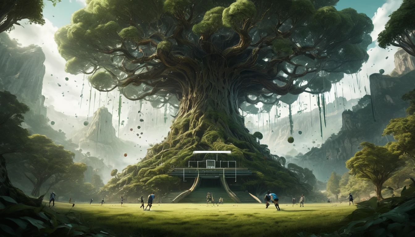 "Create a highly detailed, surreal matte painting featuring a football game taking place on a field beneath a colossal, tree-like Yggdrasil. Include players actively engaged in the game, rendered with amazing depth and artistic photorealism. The scene should feature a mysterious forest backdrop with a silhouetted woman, inspired by the styles of Minjae Lee, Carne Griffiths, Emily Kell, Geoffroy Thoorens, Aaron Horkey, Jordan Grimmer, and Greg Rutkowski. Integrate intricate geometric patterns and abstract forms into the scene, with bokeh effects enhancing the dreamlike atmosphere. Ensure perfect balance with deep fine borders and smooth textures, reflecting a masterwork quality that blends the surreal elements of the Yggdrasil and forest scene with the dynamic action of the football game. --ar 2:3 --s 999 --v 6"