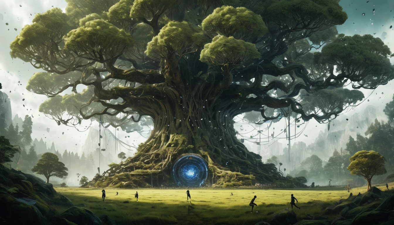 "Create a highly detailed, surreal matte painting featuring a football game taking place on a field beneath a colossal, tree-like Yggdrasil. Include players actively engaged in the game, rendered with amazing depth and artistic photorealism. The scene should feature a mysterious forest backdrop with a silhouetted woman, inspired by the styles of Minjae Lee, Carne Griffiths, Emily Kell, Geoffroy Thoorens, Aaron Horkey, Jordan Grimmer, and Greg Rutkowski. Integrate intricate geometric patterns and abstract forms into the scene, with bokeh effects enhancing the dreamlike atmosphere. Ensure perfect balance with deep fine borders and smooth textures, reflecting a masterwork quality that blends the surreal elements of the Yggdrasil and forest scene with the dynamic action of the football game. --ar 2:3 --s 999 --v 6"