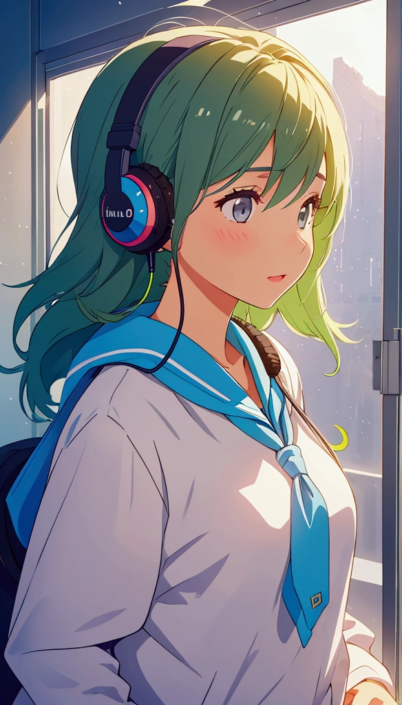Girl listening to music with a headset,ela usa roupas americanas, chuva na janela. wallpaper