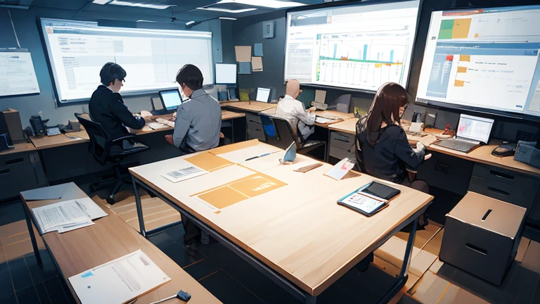 [A modern office environment with a team of managers collaborating at a large table. In the center, a leader is presenting a strategy on a digital screen displaying a project timeline and key performance indicators. Around the room, there are various tools and technologies illustrating innovation and implementation, such as laptops, whiteboards with diagrams, and sticky notes. The team is engaged in brainstorming, highlighting the integration of skills and knowledge to achieve organizational goals. The scene captures the dynamic and strategic nature of management.]